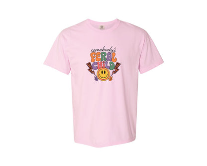 brand:Comfort Colors|color:Blossom|Somebodys Feral Child Funny Summer Graphic T-Shirt