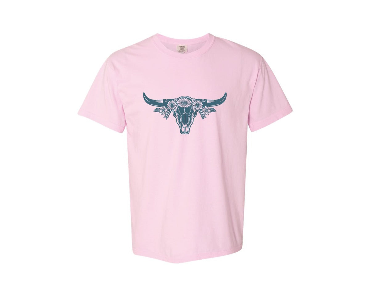 brand:Comfort Colors|color:Blossom|Western Bull Skull Longhorn Boho Flowers 4 Graphic T-Shirt
