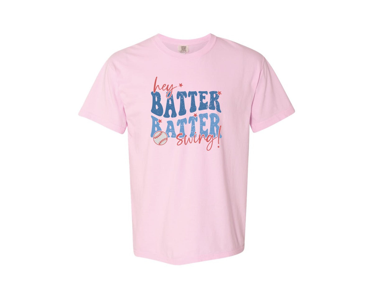 brand:Comfort Colors|color:Blossom|Retro Baseball Hey Batter Batter Swing Graphic T-Shirt