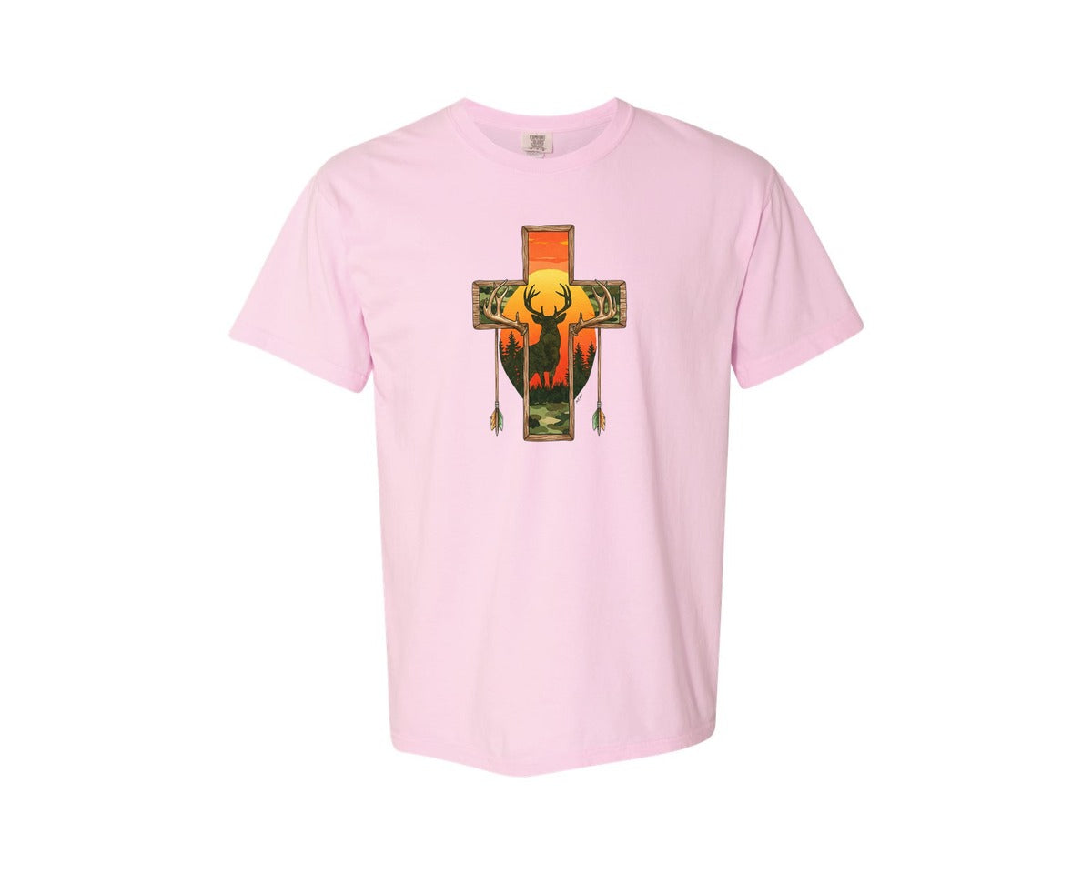 brand:Comfort Colors|color:Blossom|Deer Cross Rustic Hunting Cross Sub Graphic T-Shirt
