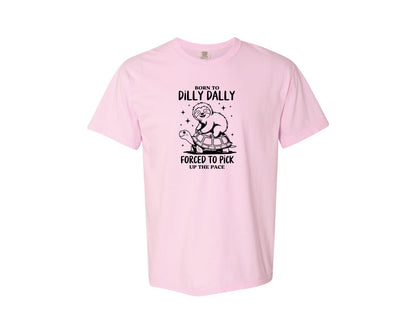brand:Comfort Colors|color:Blossom|Born To Dilly Dally Funny Sloth Graphic T-Shirt