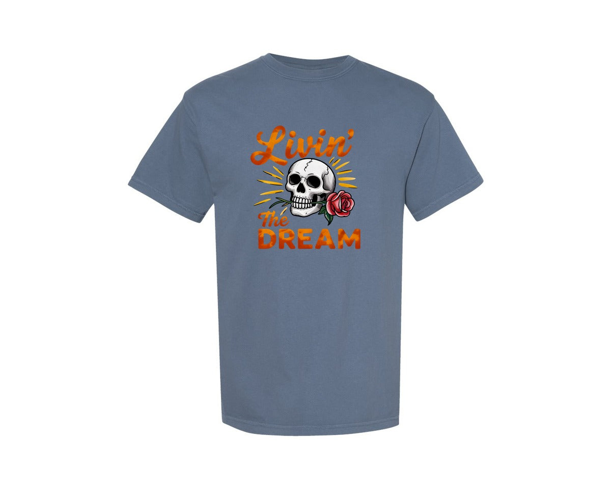 brand:Comfort Colors|color:Blue Jean|Livin The Dream Skull Graphic T-Shirt