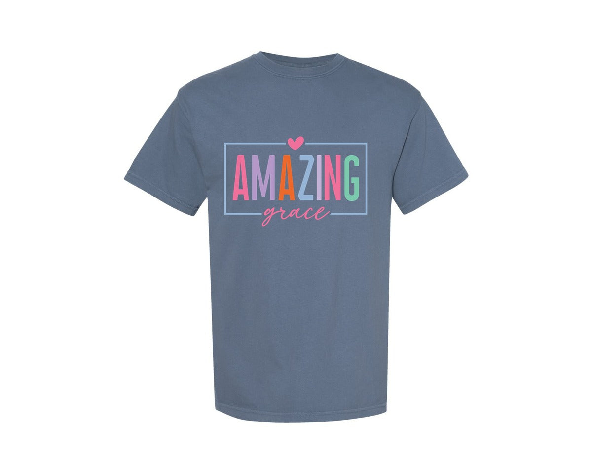 brand:Comfort Colors|color:Blue Jean|Amazing Grace Varsity 2 Graphic T-Shirt