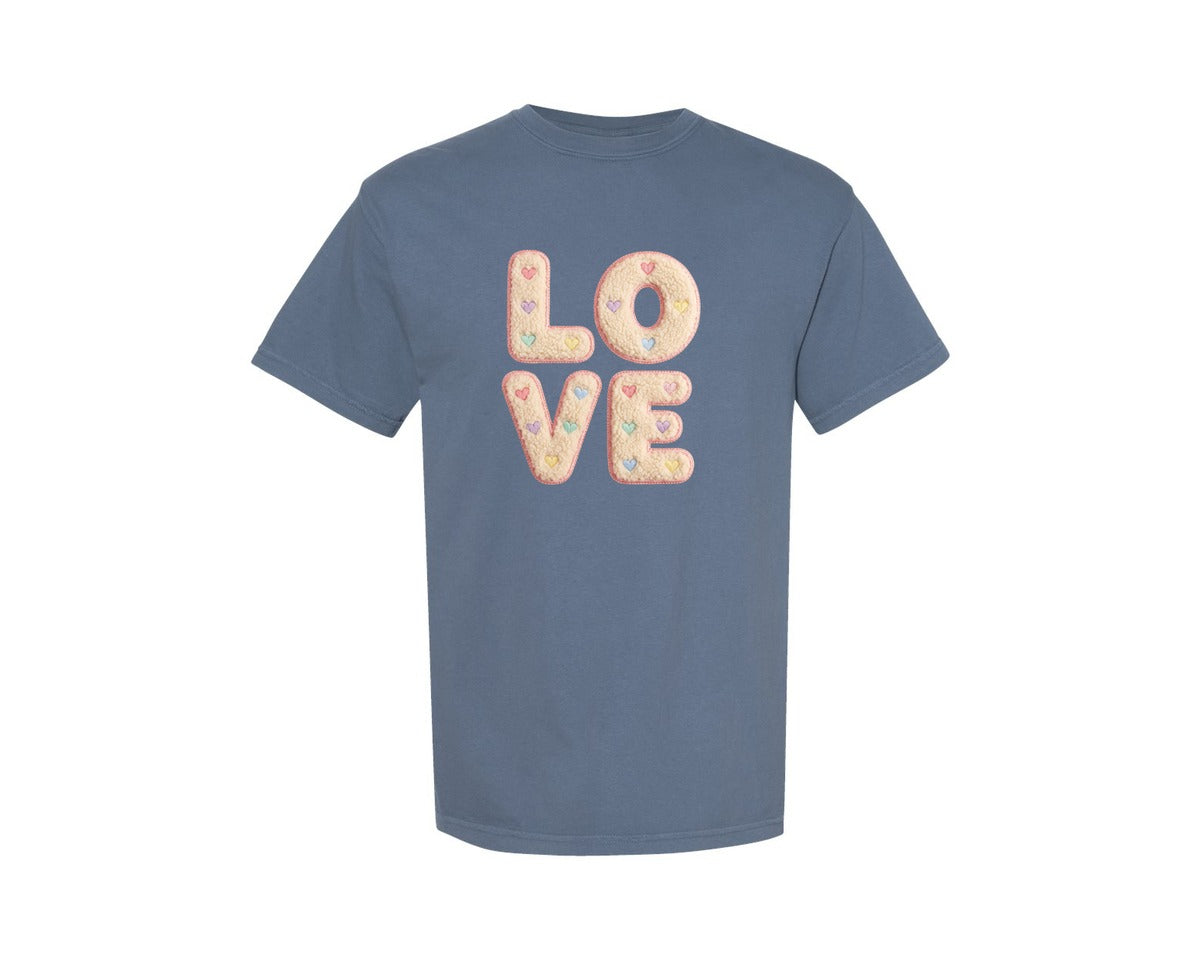 brand:Comfort Colors|color:Blue Jean|Retro Love Faux Yarn Valentine 2 Graphic T-Shirt