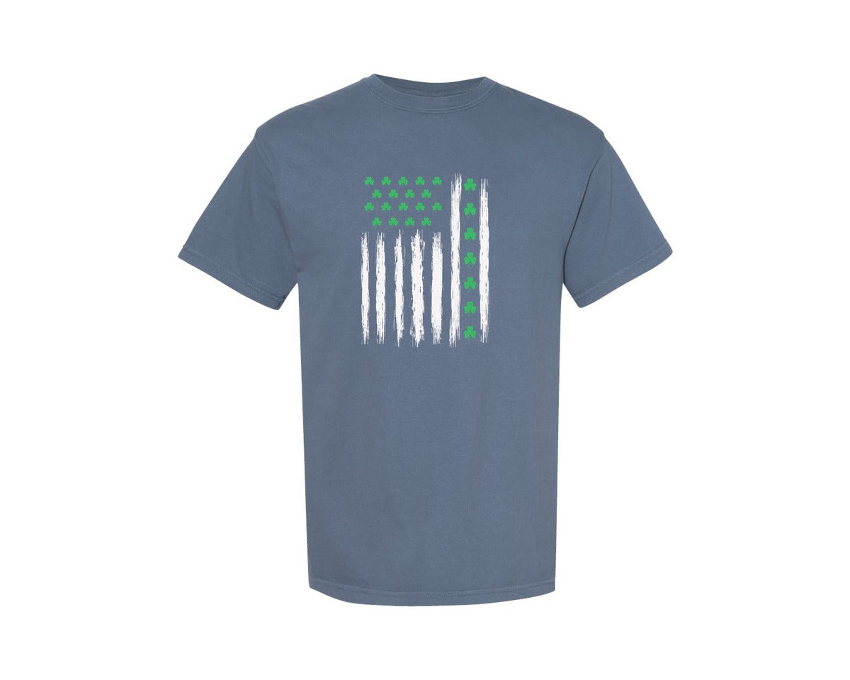 brand:Comfort Colors|color:Blue Jean|St Patricks Day Shamrock Usa Flag Graphic T-Shirt