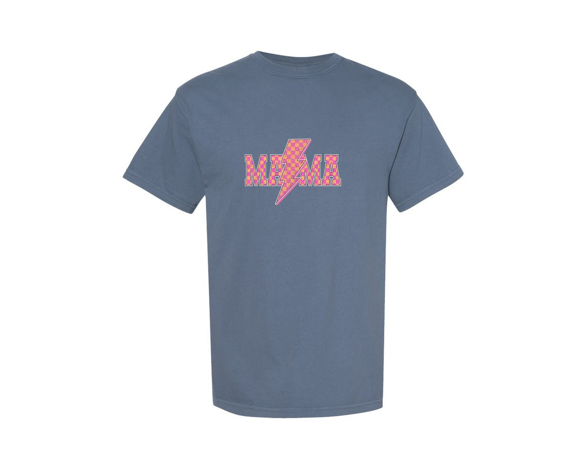brand:Comfort Colors|color:Blue Jean|Pink Checkered Mama Mom Life Graphic T-Shirt
