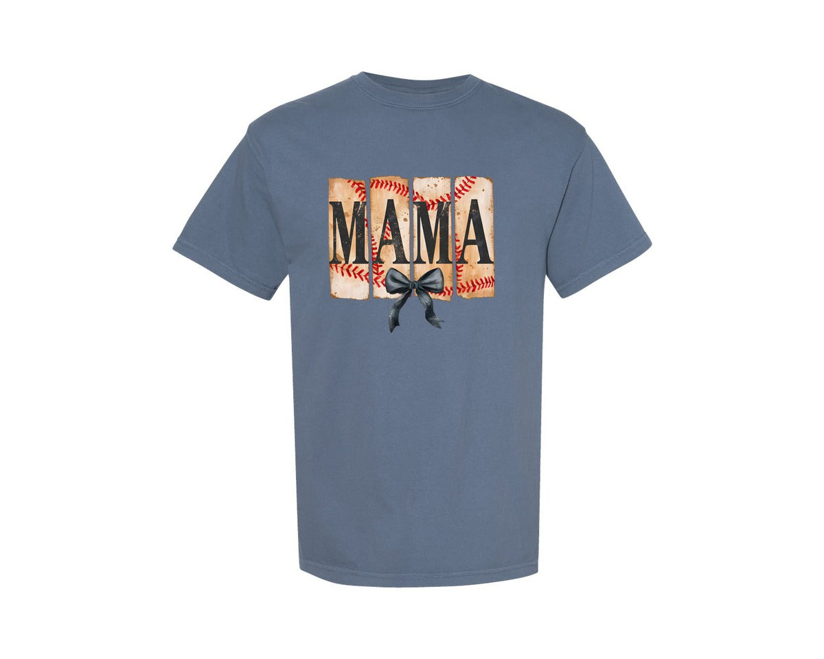 brand:Comfort Colors|color:Blue Jean|Vintage Baseball Mama With Bow Mom Graphic T-Shirt