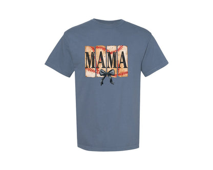 brand:Comfort Colors|color:Blue Jean|Vintage Baseball Mama With Bow Mom Graphic T-Shirt