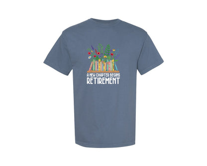 brand:Comfort Colors|color:Blue Jean|Floral Book Stack Retirement Design Graphic T-Shirt