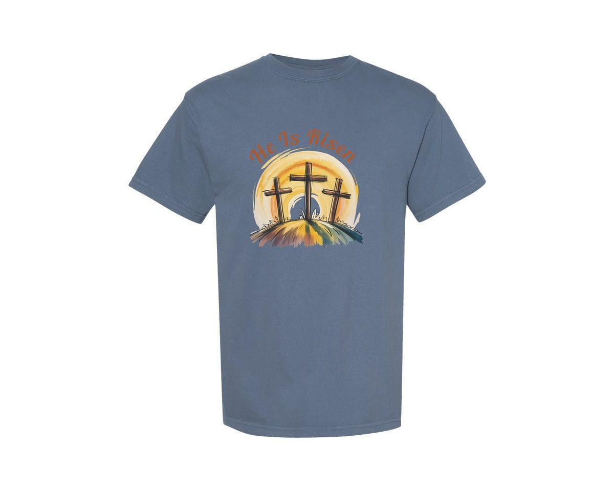 brand:Comfort Colors|color:Blue Jean|He Is Risen Christian Easter Cross Desig Graphic T-Shirt