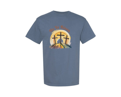 brand:Comfort Colors|color:Blue Jean|He Is Risen Christian Easter Cross Desig Graphic T-Shirt
