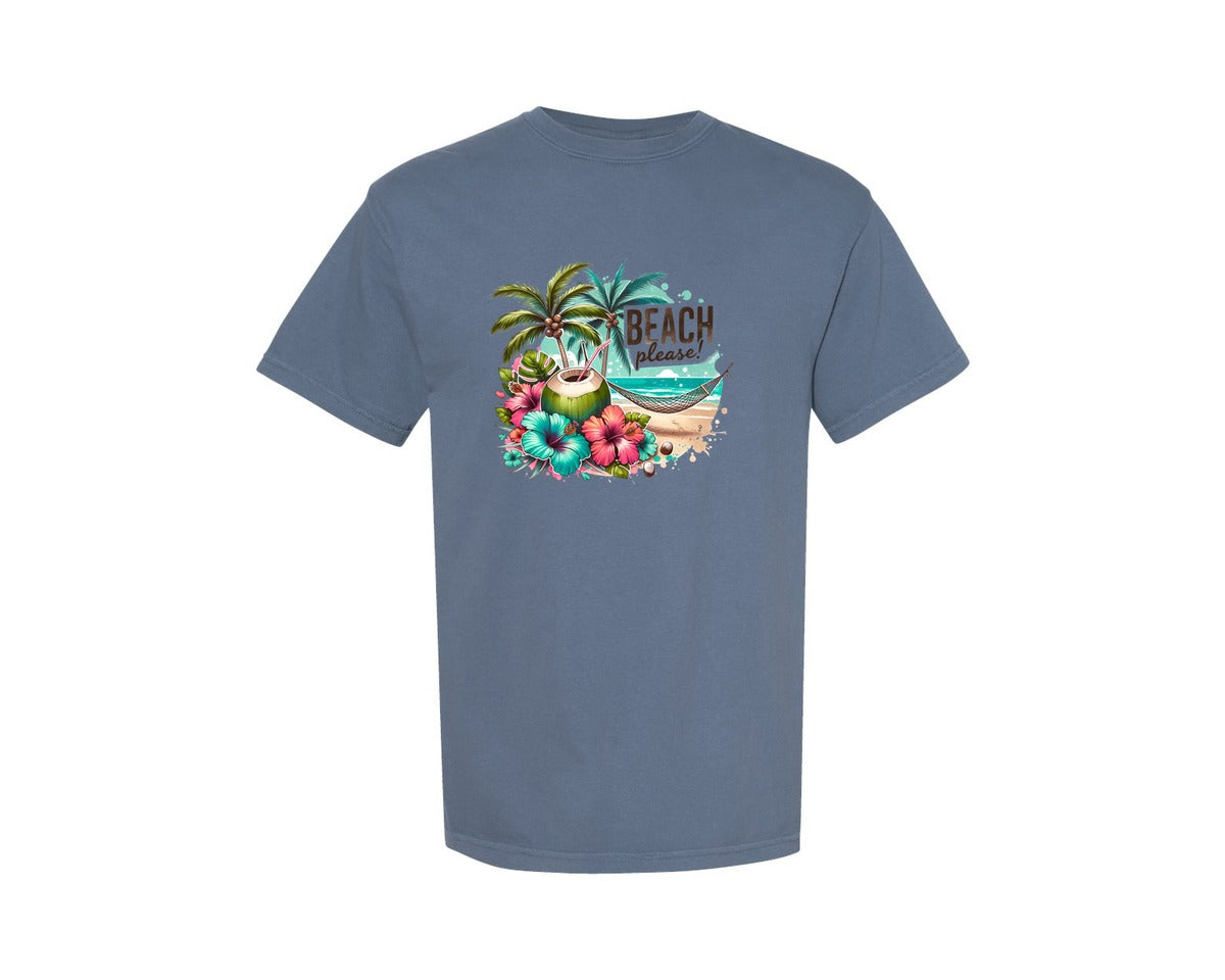 brand:Comfort Colors|color:Blue Jean|Beach Please Tropical Flowers Graphic T-Shirt
