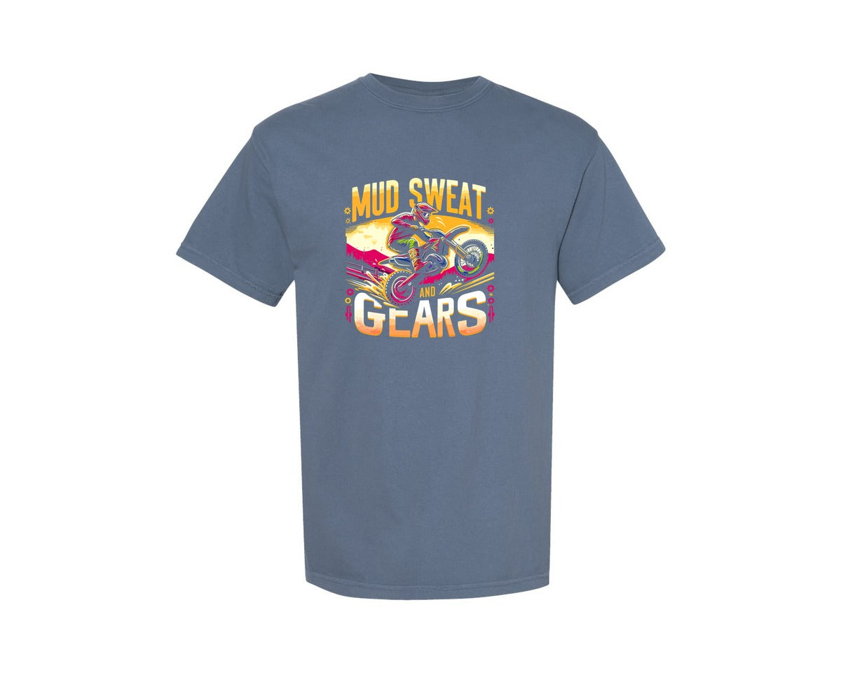 brand:Comfort Colors|color:Blue Jean|Dirt Bike Mud Sweat And Gears Graphic T-Shirt