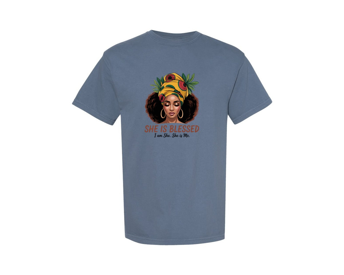 brand:Comfort Colors|color:Blue Jean|She Is Blessed Black History Month 2 Graphic T-Shirt