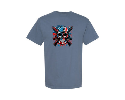 brand:Comfort Colors|color:Blue Jean|Skull With American Flag 4Th Of July 11 Graphic T-Shirt