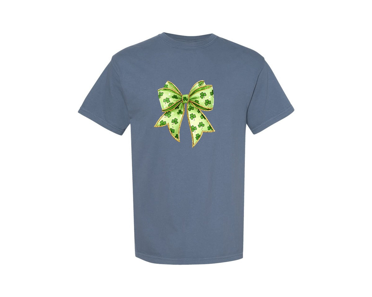 brand:Comfort Colors|color:Blue Jean|St Patricks Day Bow Glitter Graphic T-Shirt