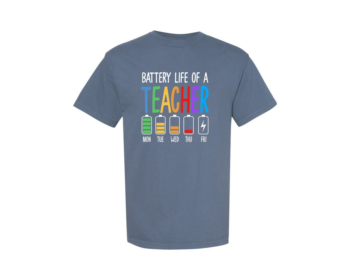 brand:Comfort Colors|color:Blue Jean|Battery Life Of A Teacher Funny Graphic T-Shirt