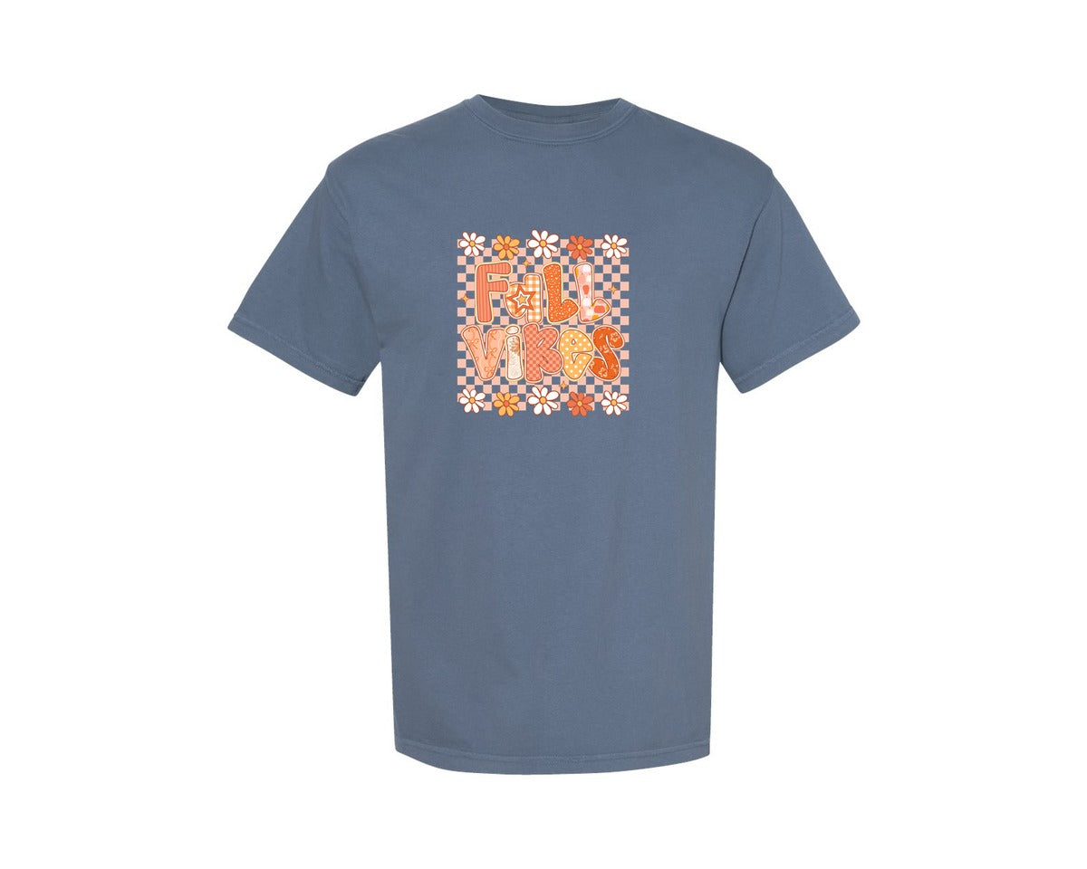 brand:Comfort Colors|color:Blue Jean|Retro Fall Vibes Floral Fall Graphic T-Shirt