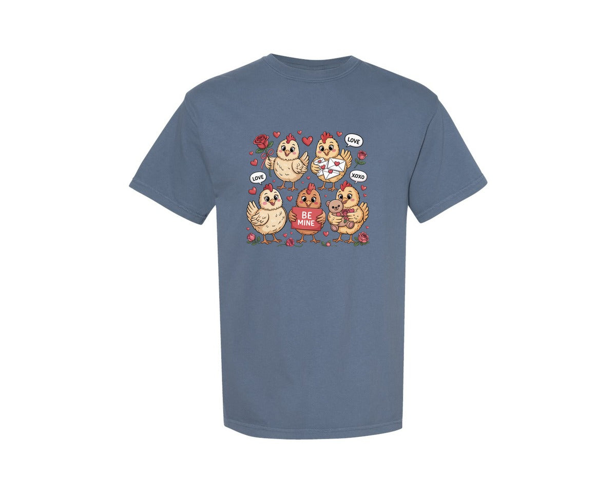 brand:Comfort Colors|color:Blue Jean|Retro Valentines Day Farm Chickens Graphic T-Shirt
