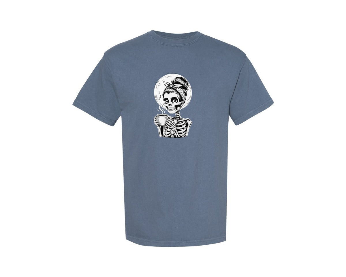 brand:Comfort Colors|color:Blue Jean|Skeleton Woman Steaming Coffee Graphic T-Shirt
