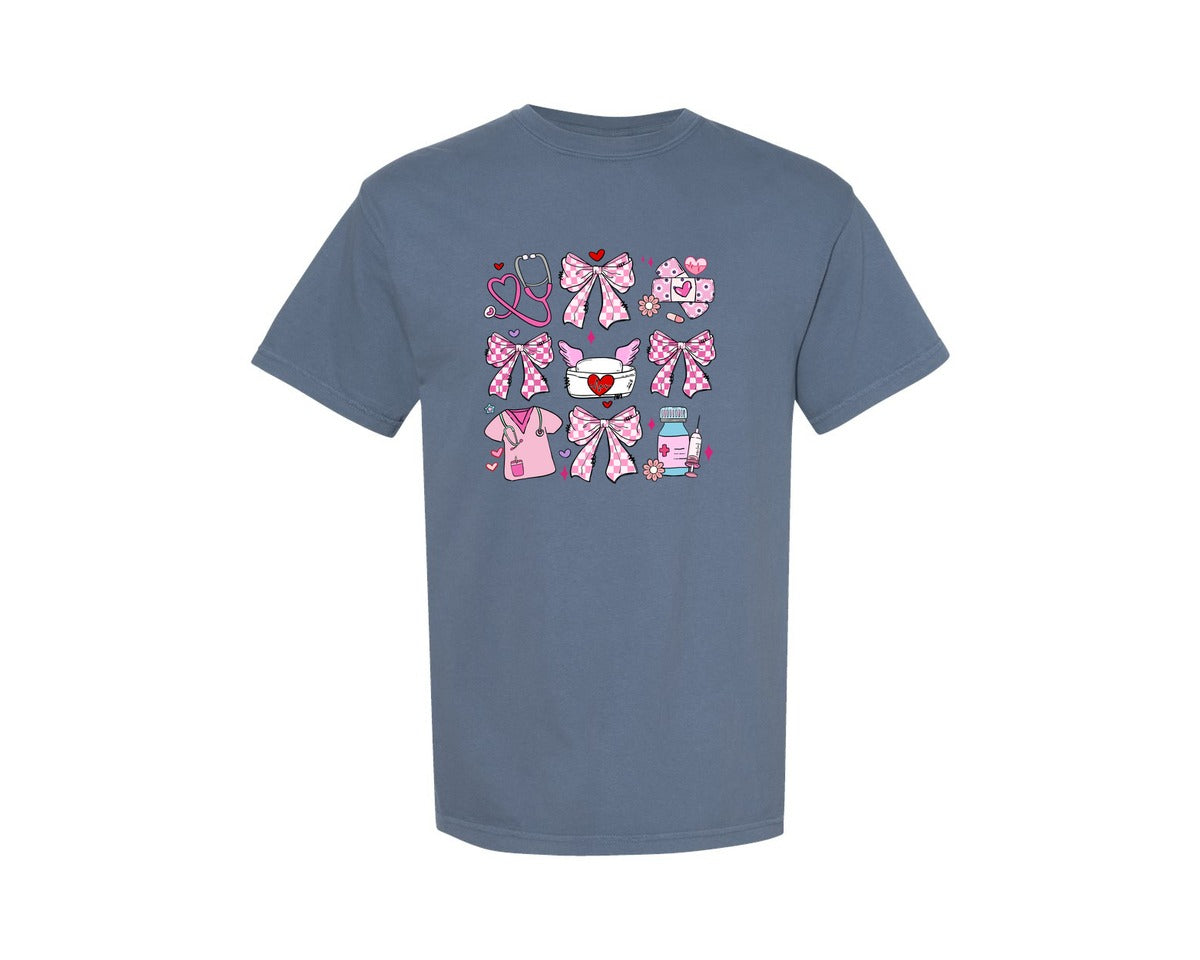 brand:Comfort Colors|color:Blue Jean|Nurse Valentine Pink Coquette Medical Graphic T-Shirt