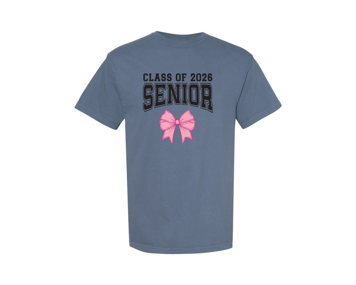 brand:Comfort Colors|color:Blue Jean|Coquette Senior Class Of 2026 Pink Bow Graphic T-Shirt