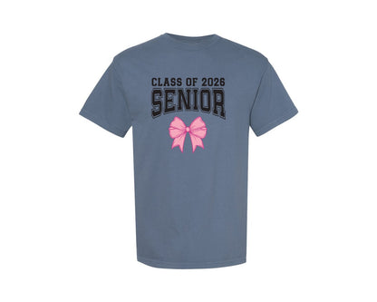 brand:Comfort Colors|color:Blue Jean|Coquette Senior Class Of 2026 Pink Bow Graphic T-Shirt
