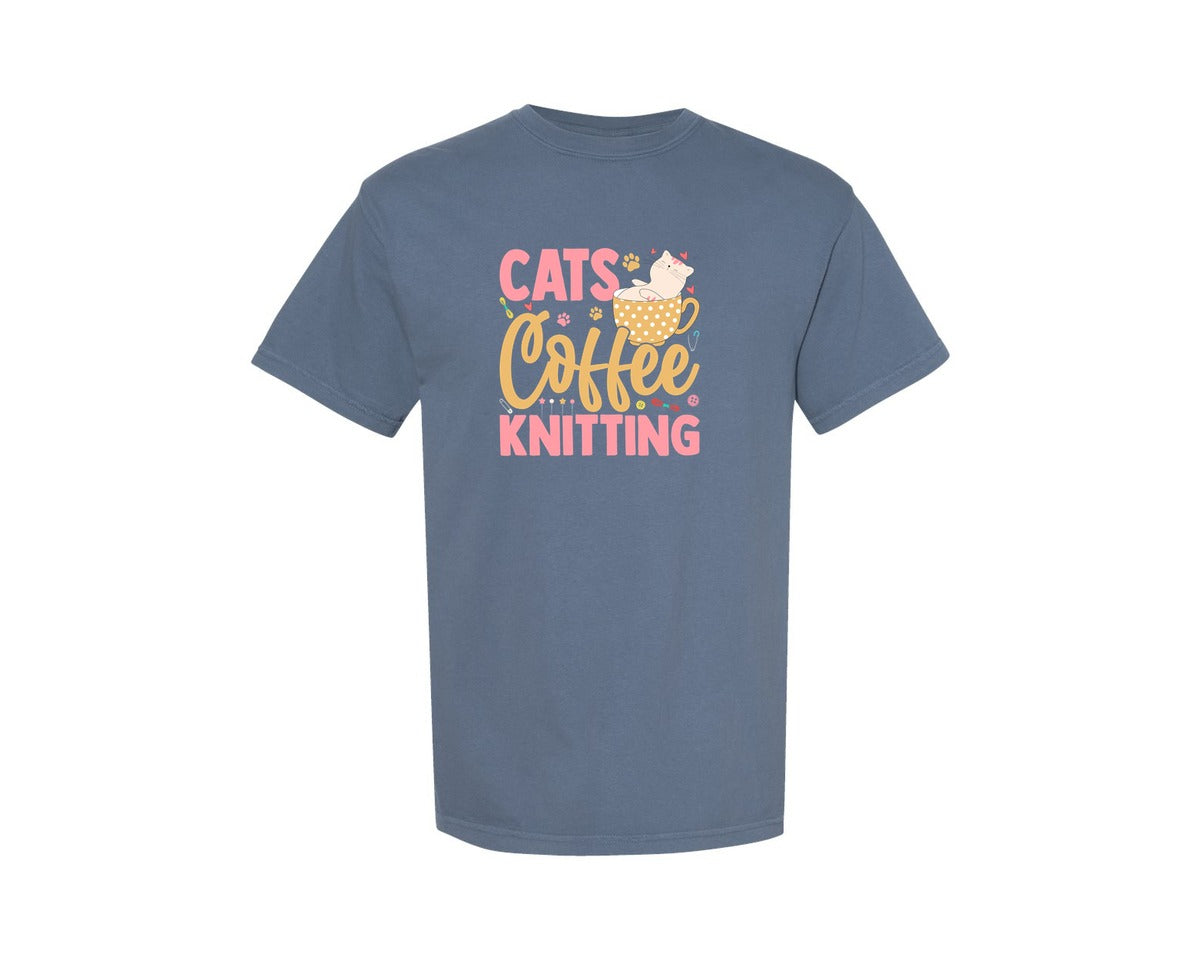 brand:Comfort Colors|color:Blue Jean|Cute Cats Coffee Knitting T Shirt Design Graphic T-Shirt