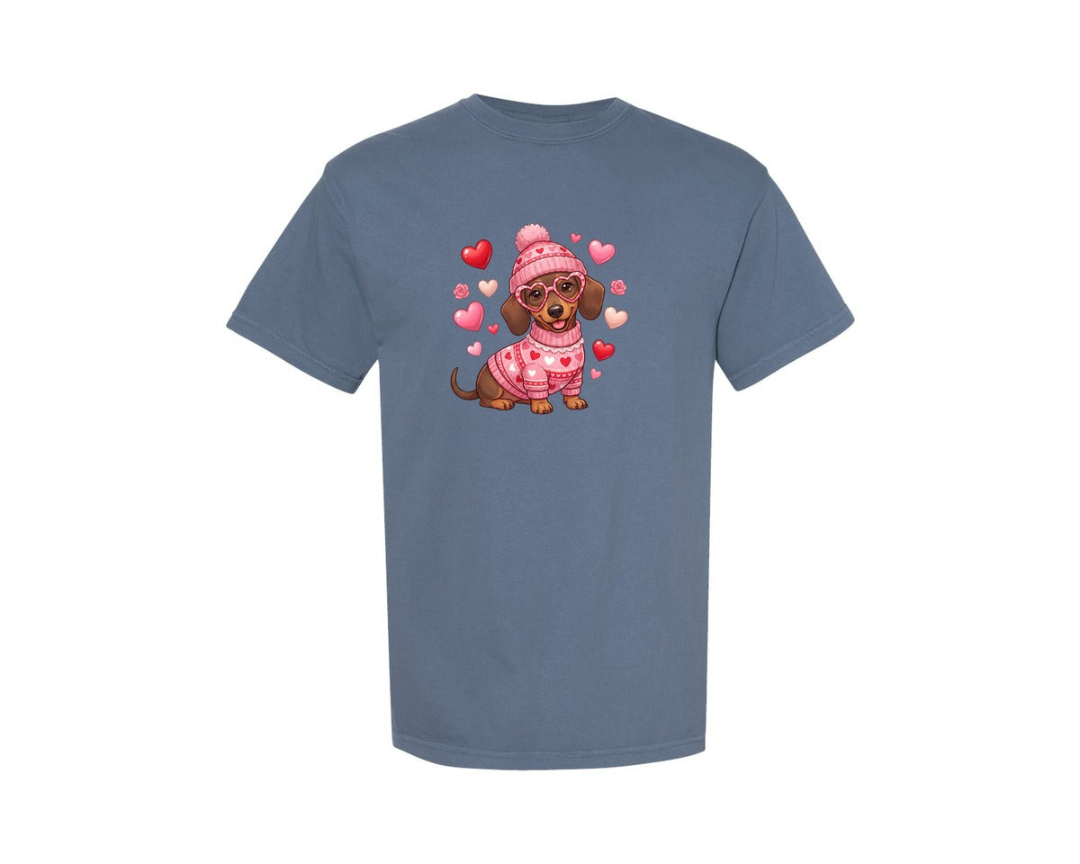 brand:Comfort Colors|color:Blue Jean|Cute Valentine Dachshund Dog Graphic T-Shirt