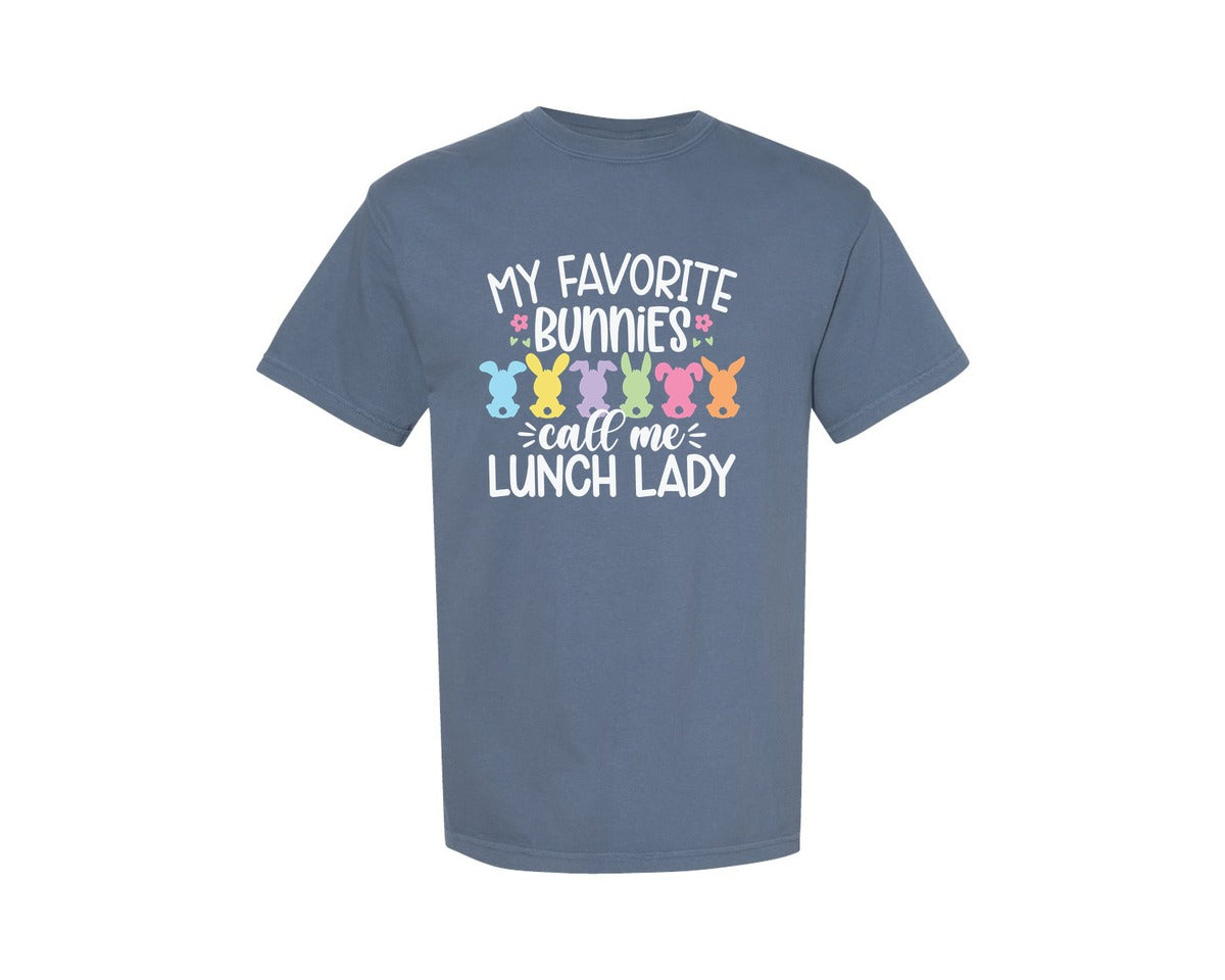 brand:Comfort Colors|color:Blue Jean|Easter Lunch Lady Funny Bunny Shirt Graphic T-Shirt