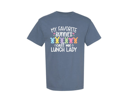 brand:Comfort Colors|color:Blue Jean|Easter Lunch Lady Funny Bunny Shirt Graphic T-Shirt