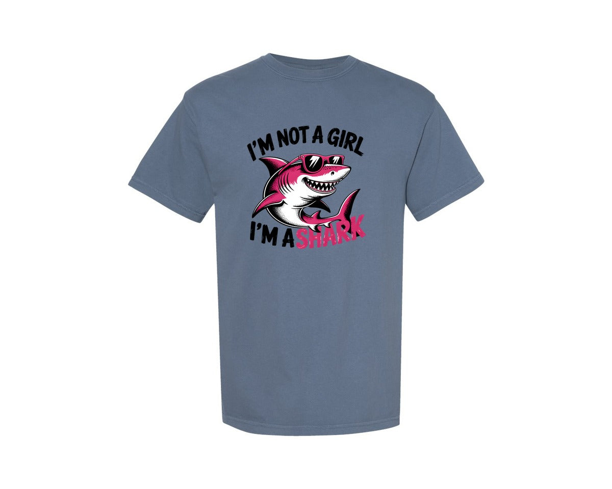 brand:Comfort Colors|color:Blue Jean|Cool Pink Shark With Sunglasses Graphic T-Shirt