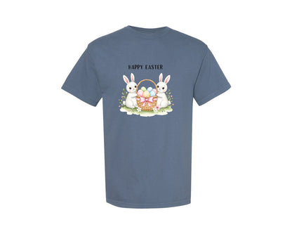 brand:Comfort Colors|color:Blue Jean|Happy Easter Bunnies With Basket Cu Graphic T-Shirt