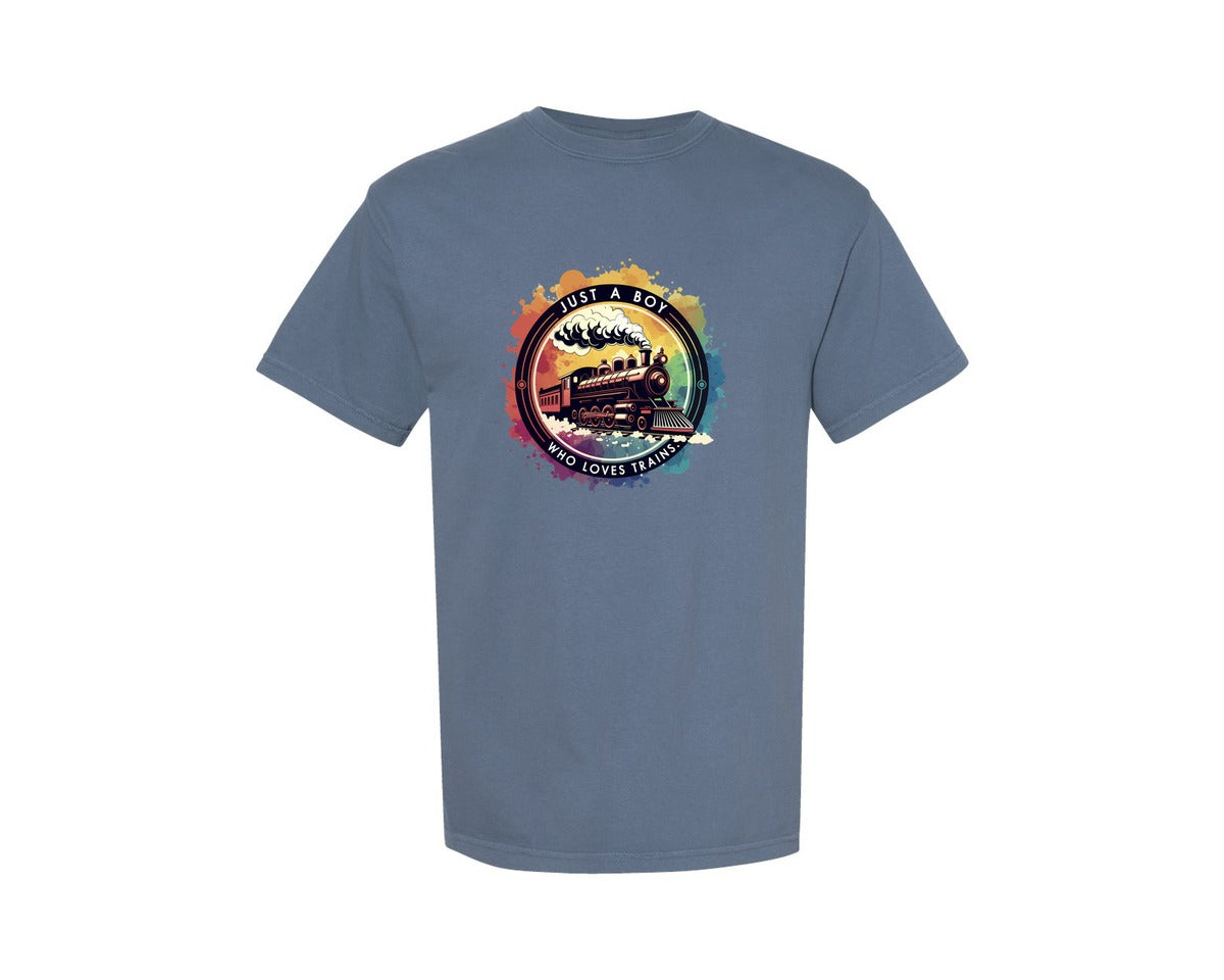 brand:Comfort Colors|color:Blue Jean|Just A Boy Who Loves Trains Graphic T-Shirt