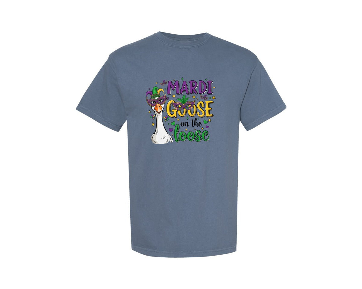 brand:Comfort Colors|color:Blue Jean|Funny Mardi Gras Goose On The Loose 2 Graphic T-Shirt