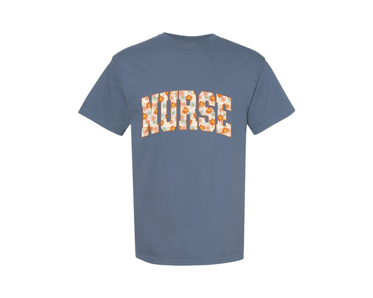 brand:Comfort Colors|color:Blue Jean|Boho Flower Nurse Nurse Floral Graphic T-Shirt