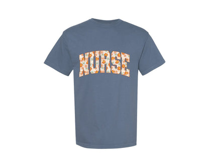 brand:Comfort Colors|color:Blue Jean|Boho Flower Nurse Nurse Floral Graphic T-Shirt