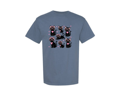 brand:Comfort Colors|color:Blue Jean|Black Cat Lover Kitten Hearts Graphic T-Shirt