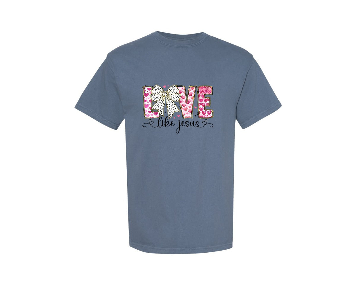 brand:Comfort Colors|color:Blue Jean|Love Like Jesus Coquette Valentine 6 Graphic T-Shirt
