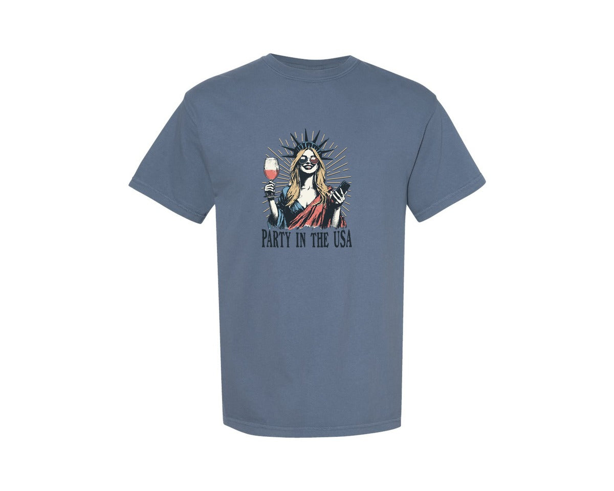 brand:Comfort Colors|color:Blue Jean|Party In The Usa Statue Of Liberty Shirt Graphic T-Shirt