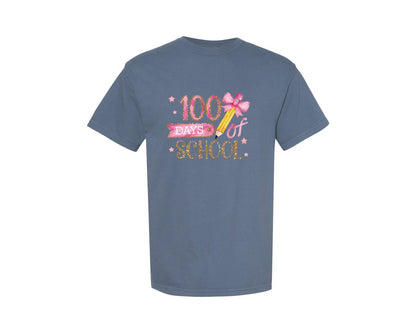brand:Comfort Colors|color:Blue Jean|100 Days Of School Coquette Pencil 2 Graphic T-Shirt