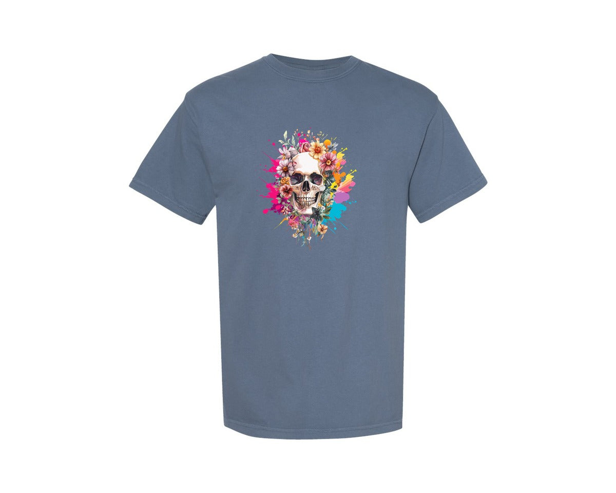 brand:Comfort Colors|color:Blue Jean|Floral Skull Watercolor Skull Shirt Graphic T-Shirt