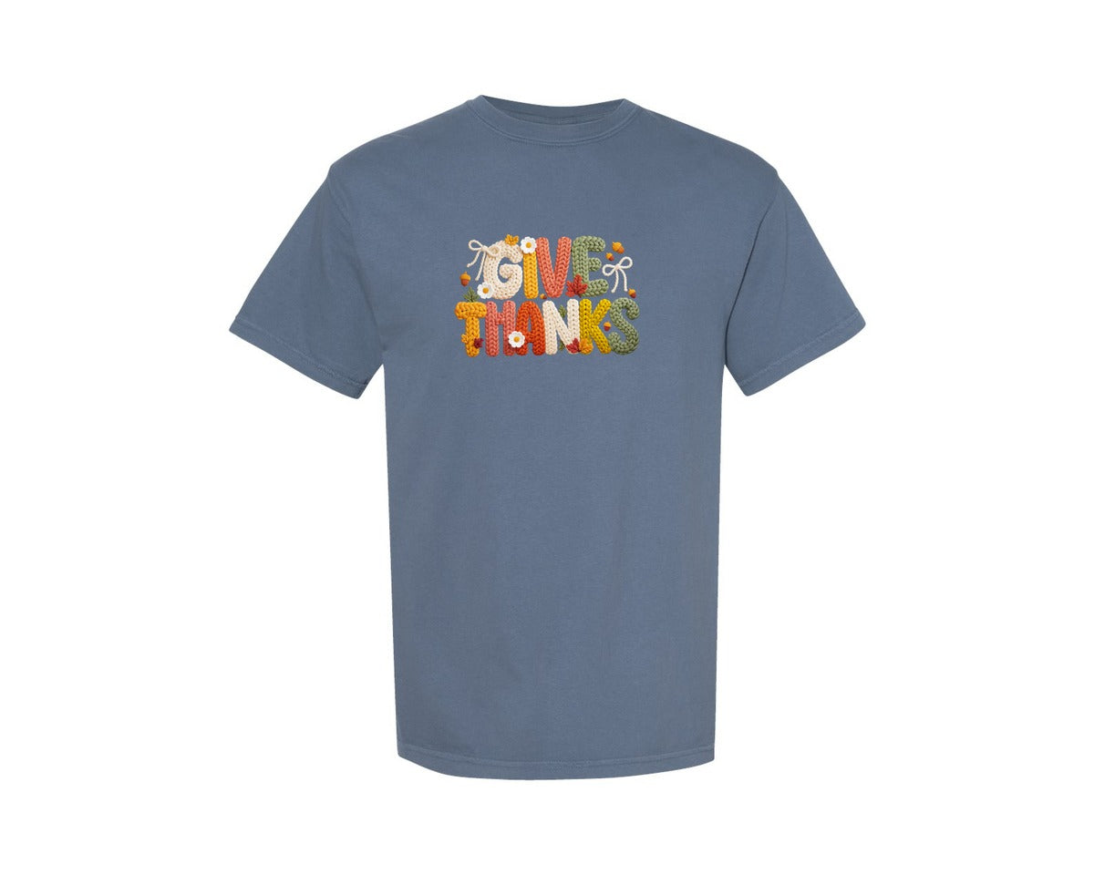 brand:Comfort Colors|color:Blue Jean|Preppy Give Thanks Faux Yarn Fall Graphic T-Shirt