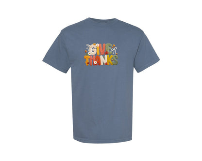 brand:Comfort Colors|color:Blue Jean|Preppy Give Thanks Faux Yarn Fall Graphic T-Shirt