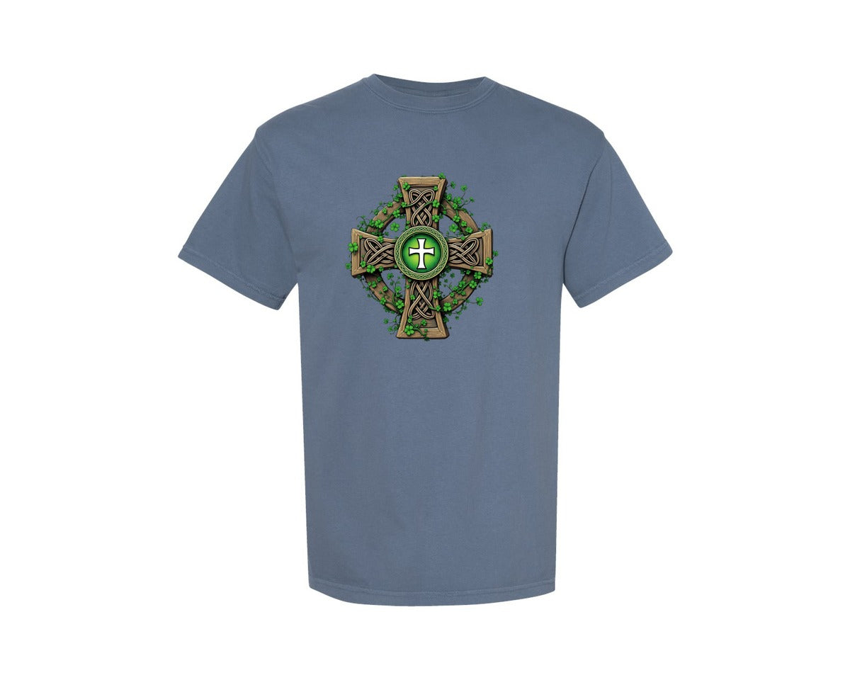 brand:Comfort Colors|color:Blue Jean|Celtic Cross With Shamrocks Irish Graphic T-Shirt