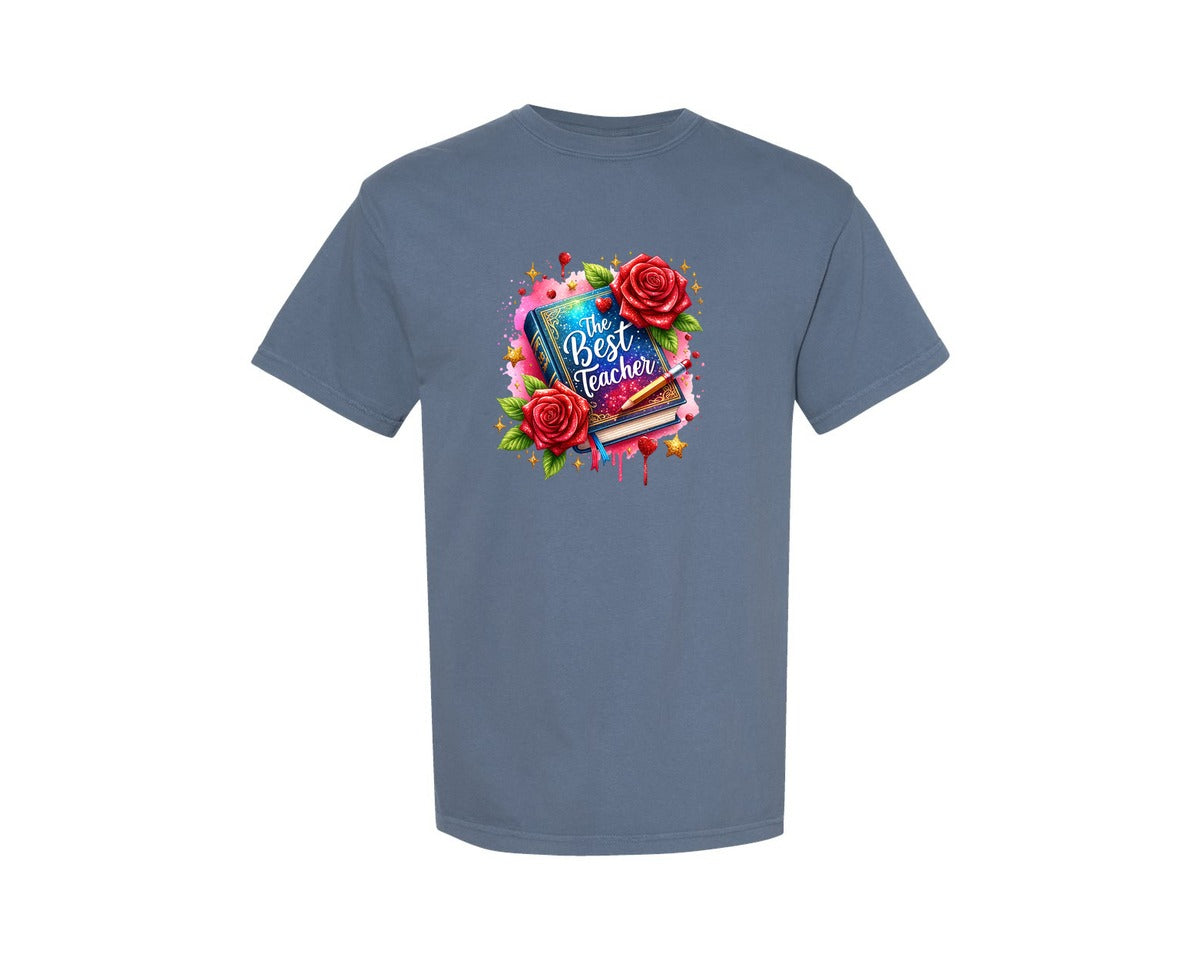 brand:Comfort Colors|color:Blue Jean|The Best Teacher Book Flowers Graphic T-Shirt