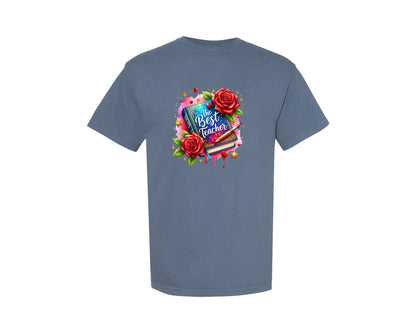 brand:Comfort Colors|color:Blue Jean|The Best Teacher Book Flowers Graphic T-Shirt
