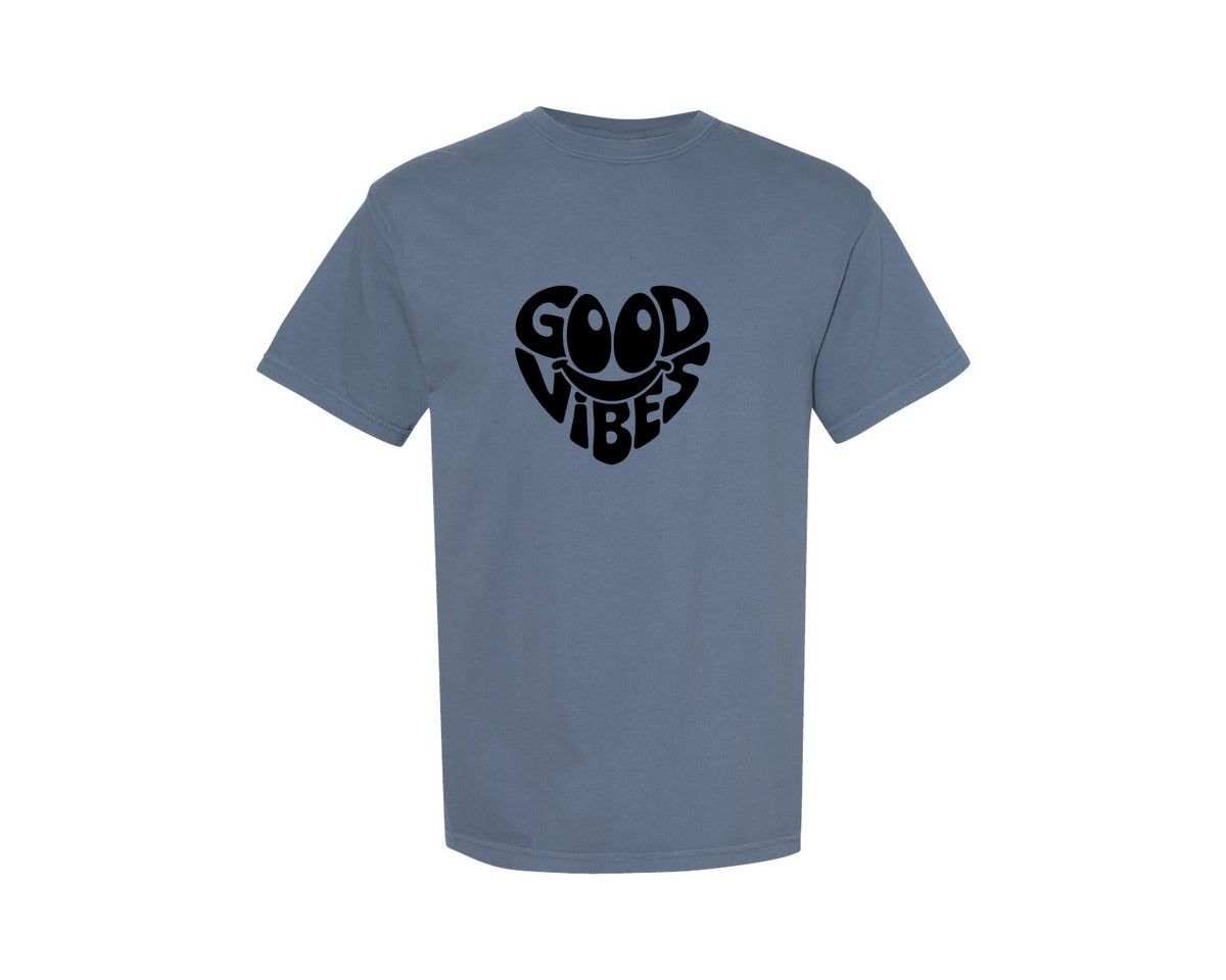 brand:Comfort Colors|color:Blue Jean|Good Vibes Heart Inspirational Graphic T-Shirt