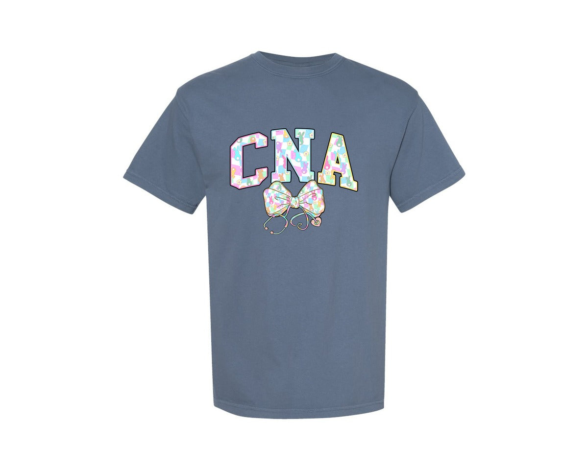 brand:Comfort Colors|color:Blue Jean|Cna Easter Bunny Nurse Stethoscope Bow Graphic T-Shirt