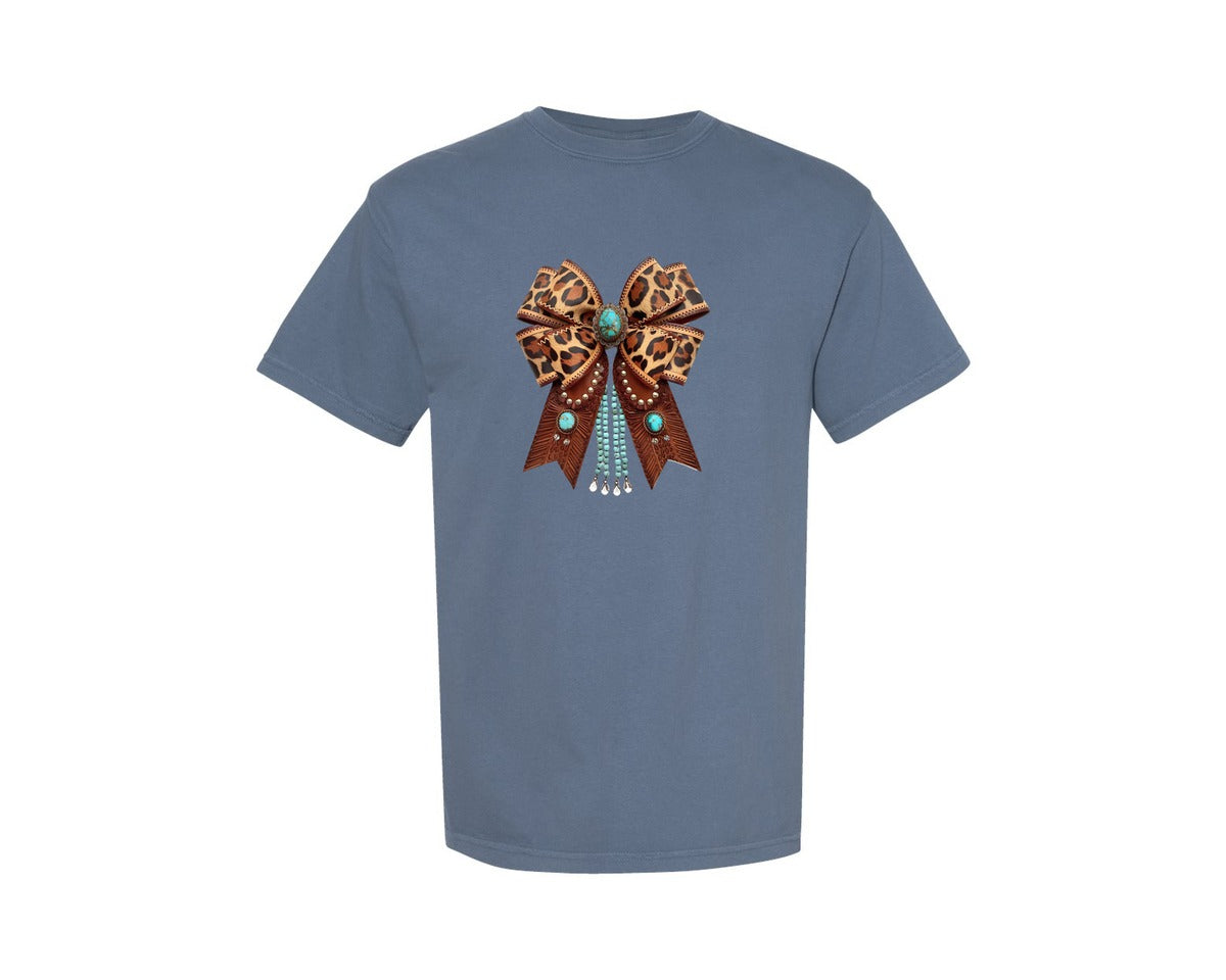 brand:Comfort Colors|color:Blue Jean|Western Leopard Bow Bohemian Coquette Graphic T-Shirt